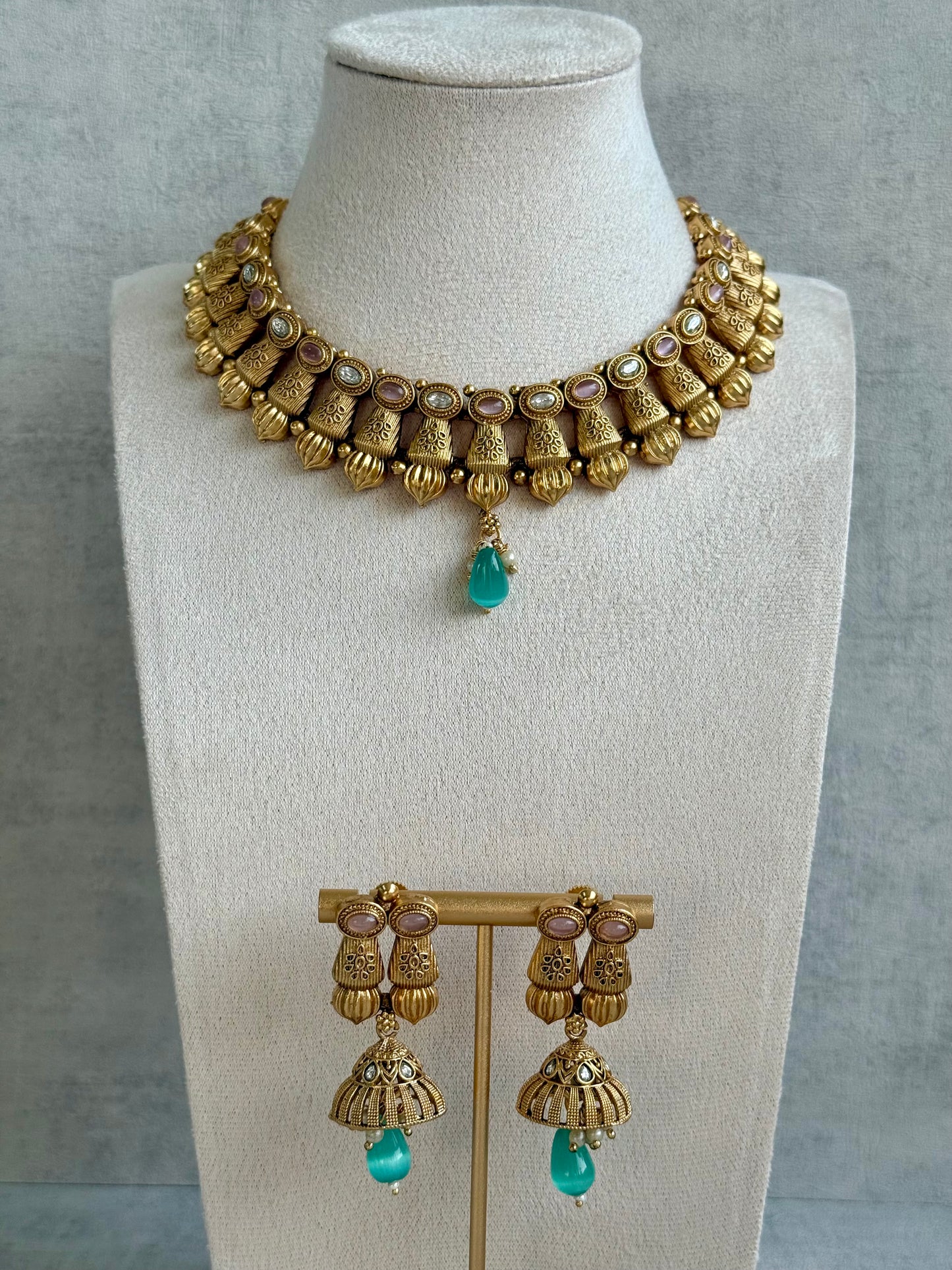 Ayura Designs Aima Necklace Set with Earrings – Antique Gold with Blush Pink & Aqua Green Stones