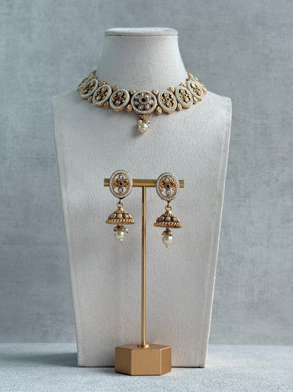 Ayura Designs Laina Necklace Set with Jhumkis – Kundan & Rani Pink Stones, Pearls & Antique Gold Finish
