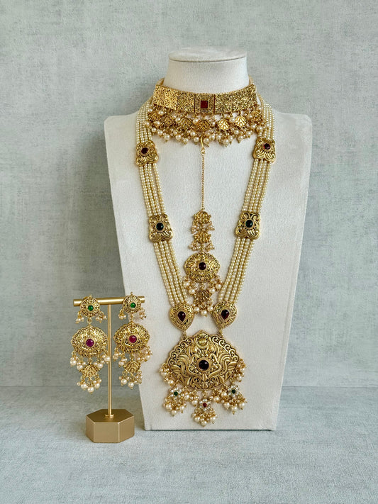 Ayura Designs Maharani Bridal Set with Choker, Haar, Earrings & Tikka – Antique Gold with Pink Stones & Pearl Detailing