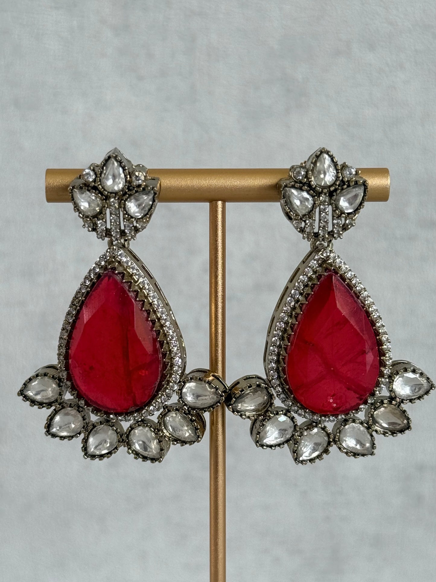 Ayura Designs Ziva Choker Set with Earrings – Ruby Red Teardrop Stone with Moissanite Style Detailing
