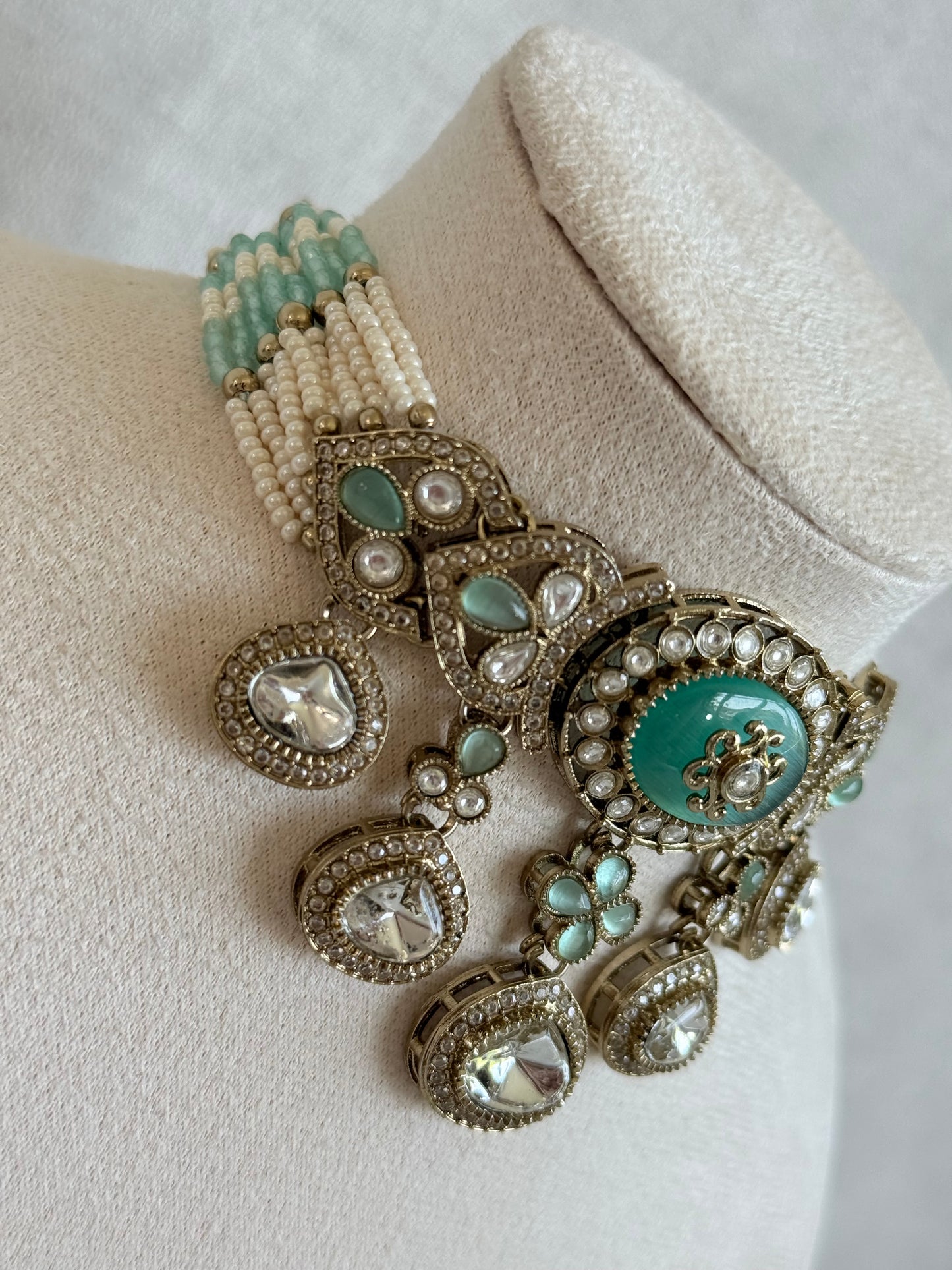 Ayura Designs Myra Choker Set with Jhumkis & Tikka – Mint Green Kundan & Pearl Detailing