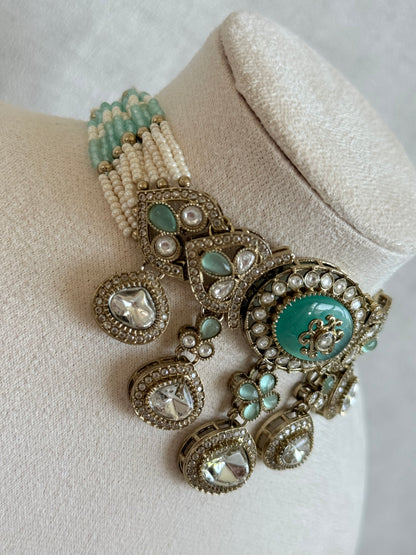 Ayura Designs Myra Choker Set with Jhumkis & Tikka – Mint Green Kundan & Pearl Detailing