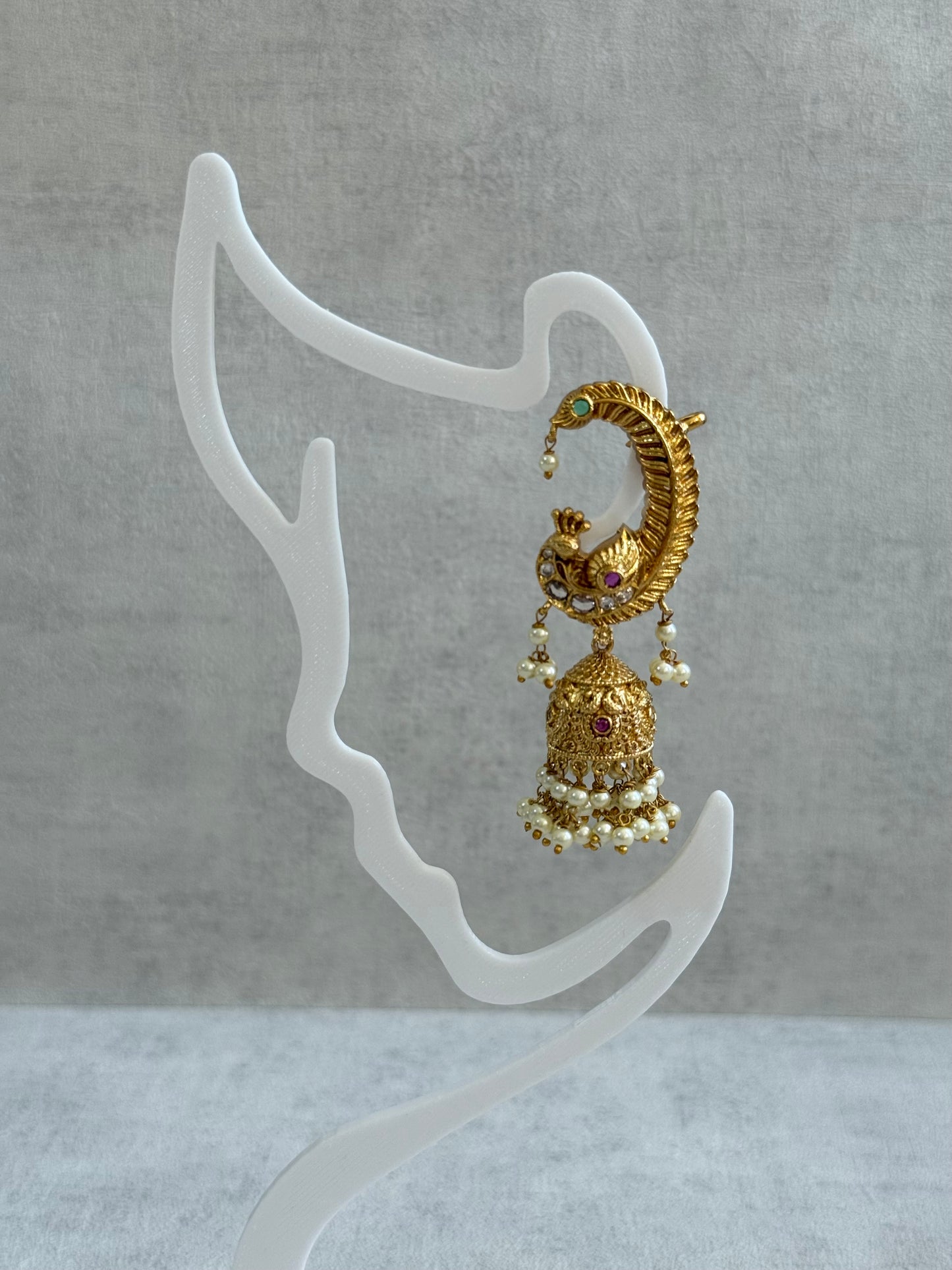 Ayura Designs Mythili Jhumkis – Half Ear Cuffs in Antique Gold with Peacock Design, Pink & Emerald Green Stones and Pearl Drops