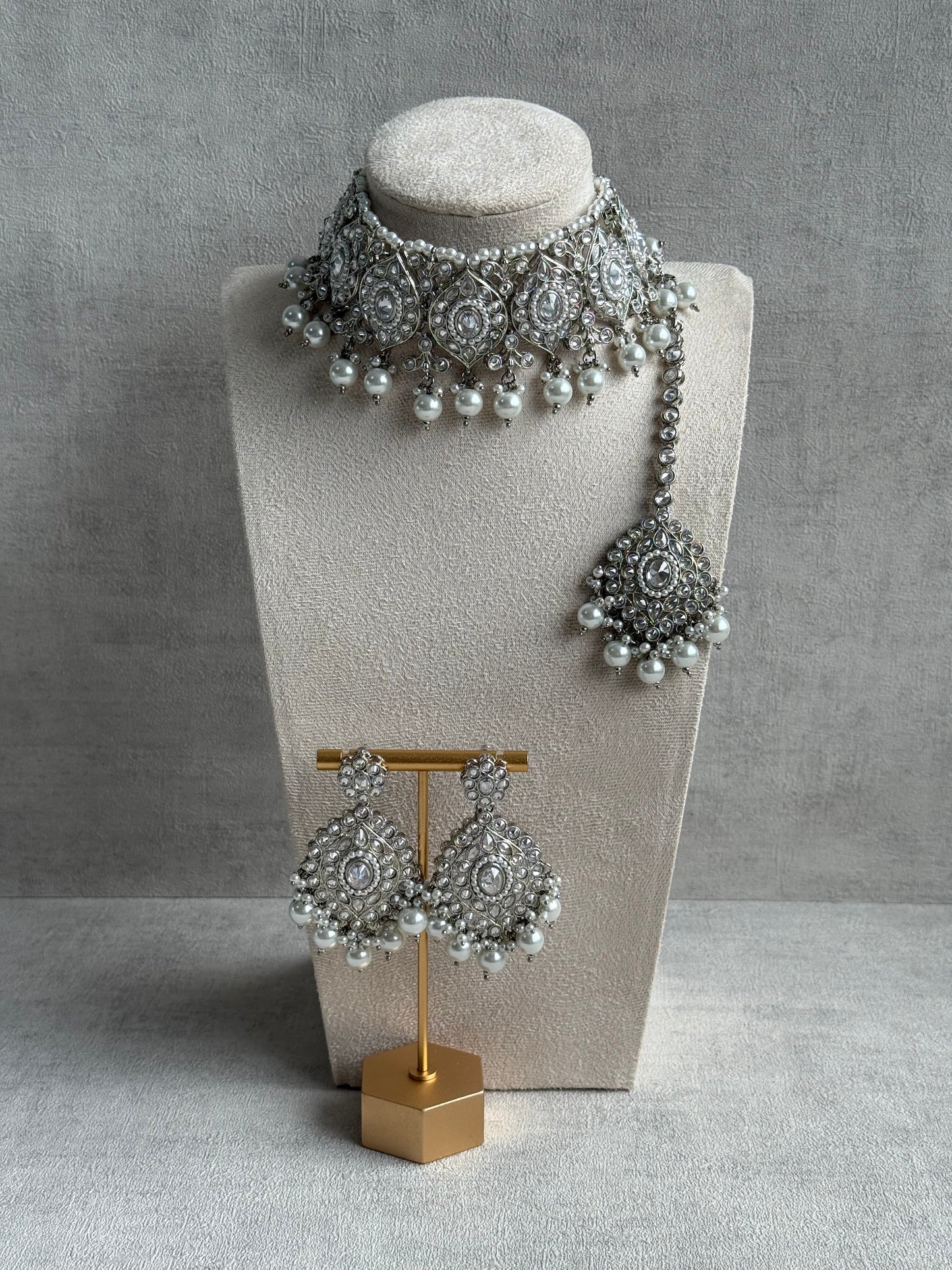 Ayura Designs Palki Set – Choker, Earrings & Tikka with Mirror-Cut Stones, Pearl Detailing & Silver Finish