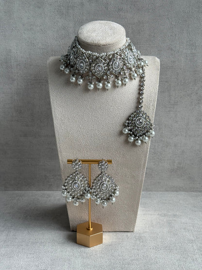 Ayura Designs Palki Set – Choker, Earrings & Tikka with Mirror-Cut Stones, Pearl Detailing & Silver Finish