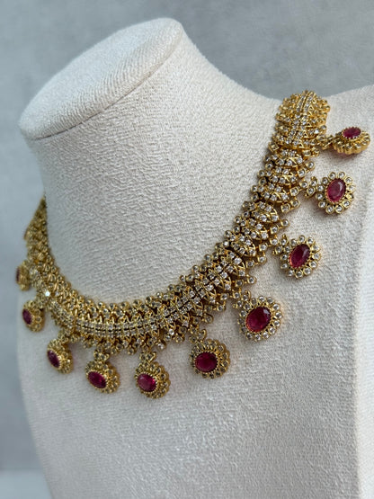 Ayura Designs Elisha Necklace Set with Earrings – Rani Pink & Crystal Stone Detailing