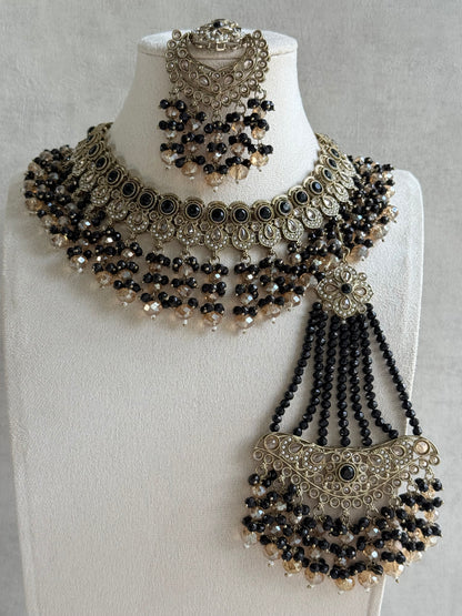 Ayura Designs Dilnaz Necklace Set with Earrings, Tikka & Passa – Black & Champagne Crystal Beads & Antique Gold Finish