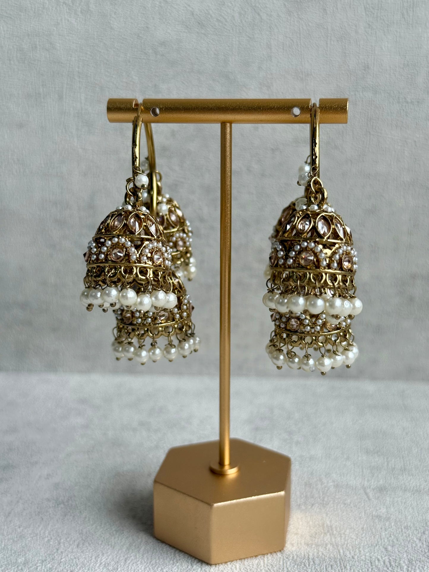 Ayura Designs Nakhra Balis – Ivory Triple Dome Earrings with Pearl Clusters & Mirror-Cut Detailing