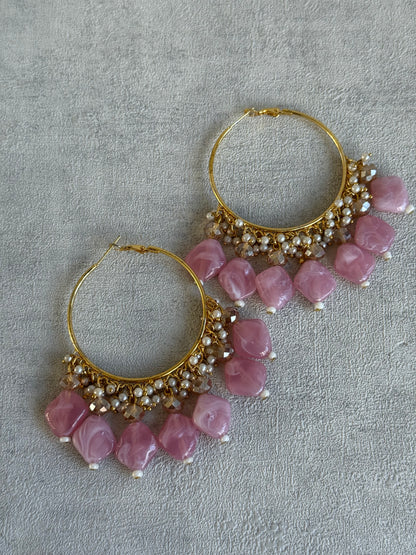 Ayura Designs Heer Balis – Gold Hoops with Baby Pink Marble Beads, Pearls & Crystal Detailing