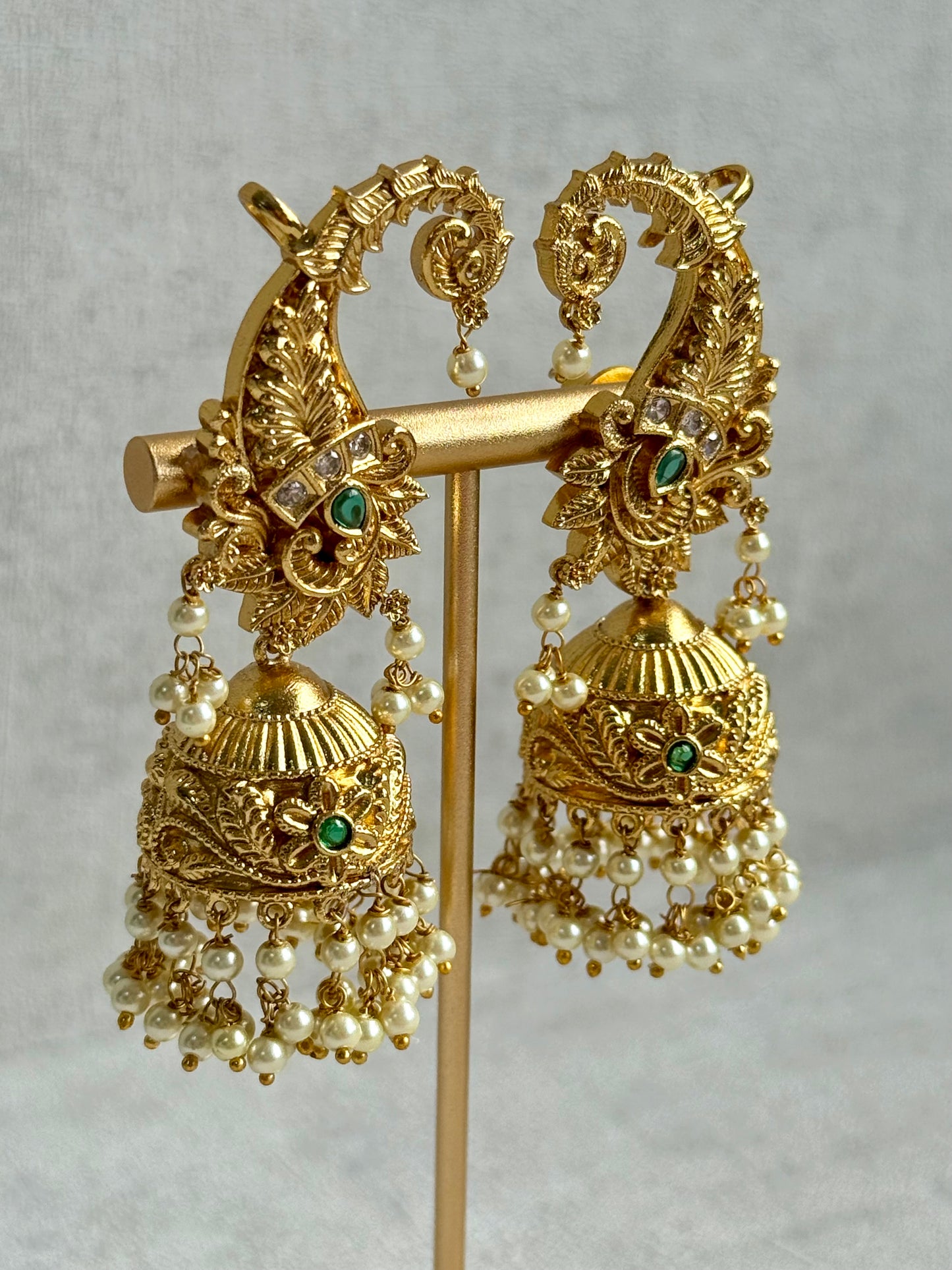Ayura Designs Anika Jhumkis – Gold Half Ear Cuffs with Peacock Motif, Green Stone Accents, Kundan Crystals & Pearl Jhumka Drops