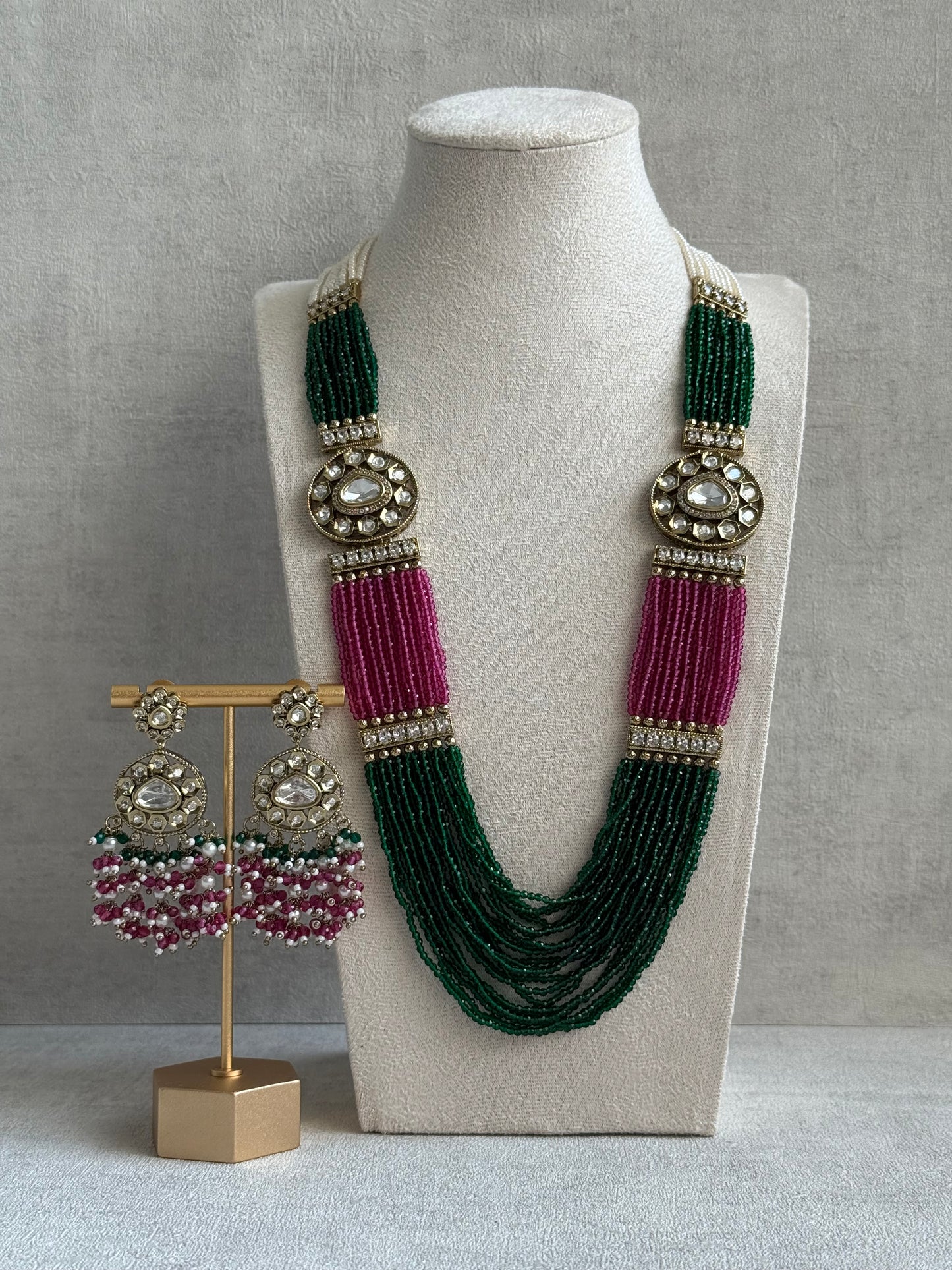 Ayura Designs Sienna Set – Long Layered Necklace & Earrings with Emerald, Berry Pink & Ivory Beads, Mirror-Cut Kundan & Pearl Detailing