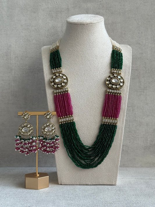 Ayura Designs Sienna Set – Long Layered Necklace & Earrings with Emerald, Berry Pink & Ivory Beads, Mirror-Cut Kundan & Pearl Detailing
