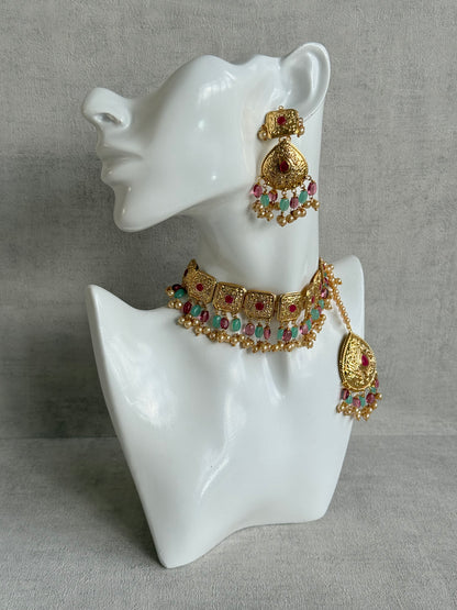 Ayura Designs Chetna Choker Set with Earrings & Tikka – Aqua & Rani Pink Beads, Cream Pearl Drops with Pipal Patti Detailing