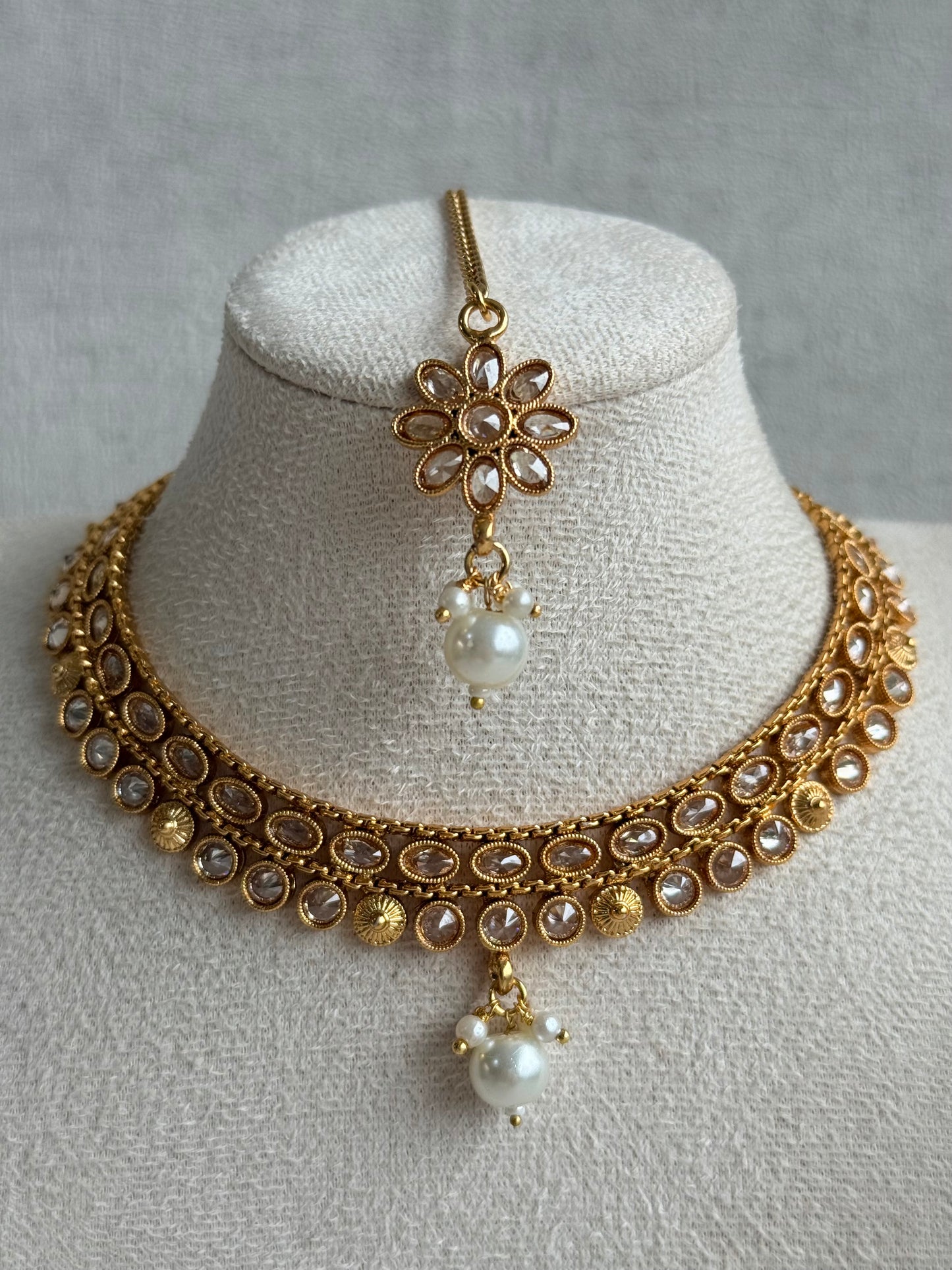Ayura Designs Rashi Set with Earrings & Tikka – Mirror-Cut Stones with Ivory Pearl Drops in Antique Gold