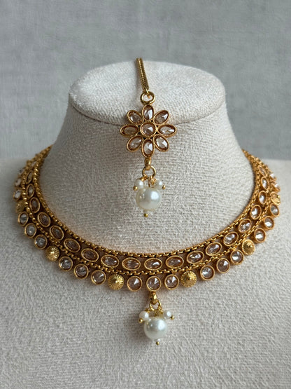 Ayura Designs Rashi Set with Earrings & Tikka – Mirror-Cut Stones with Ivory Pearl Drops in Antique Gold