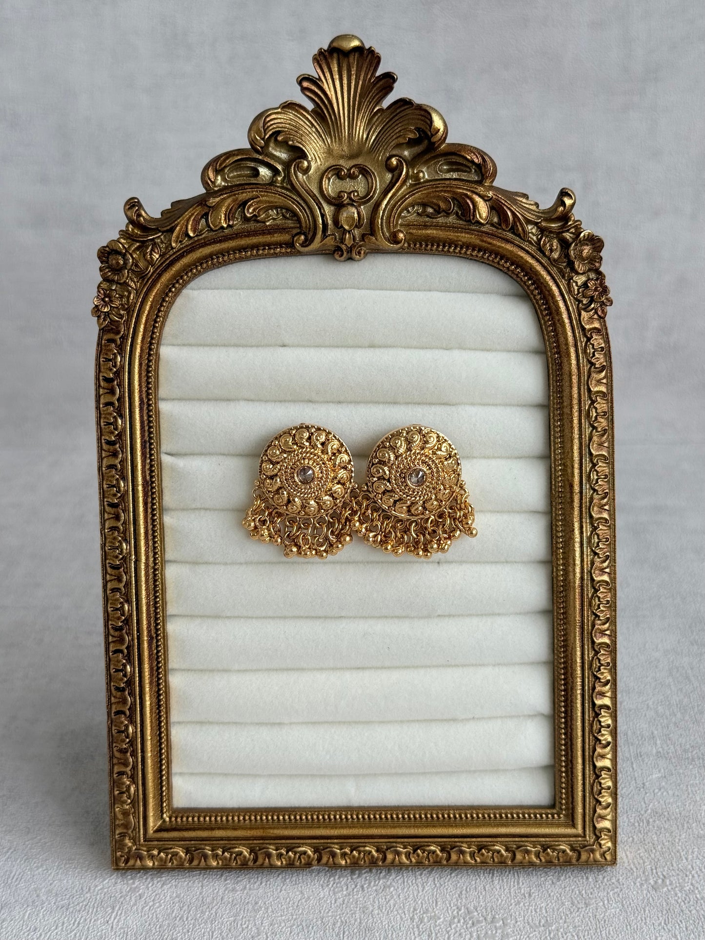 Ayura Designs Deesha Stud Earrings – Gold Finish with Crystal & Ghungroo Detailing