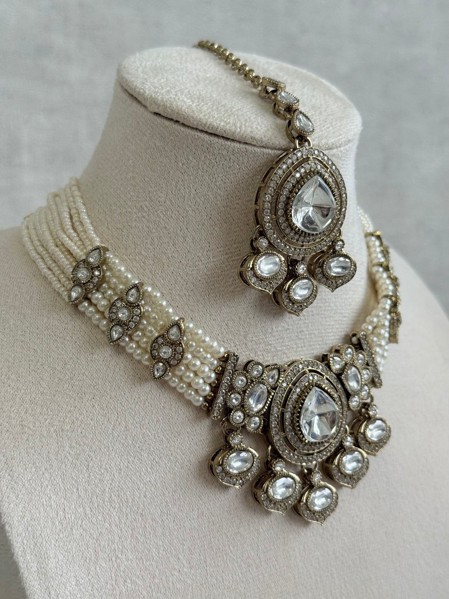 Ayura Designs Rahi Necklace Set with Earrings & Tikka – Ivory Pearl Stones with Mirror-Cut Detailing & Pearl Strands