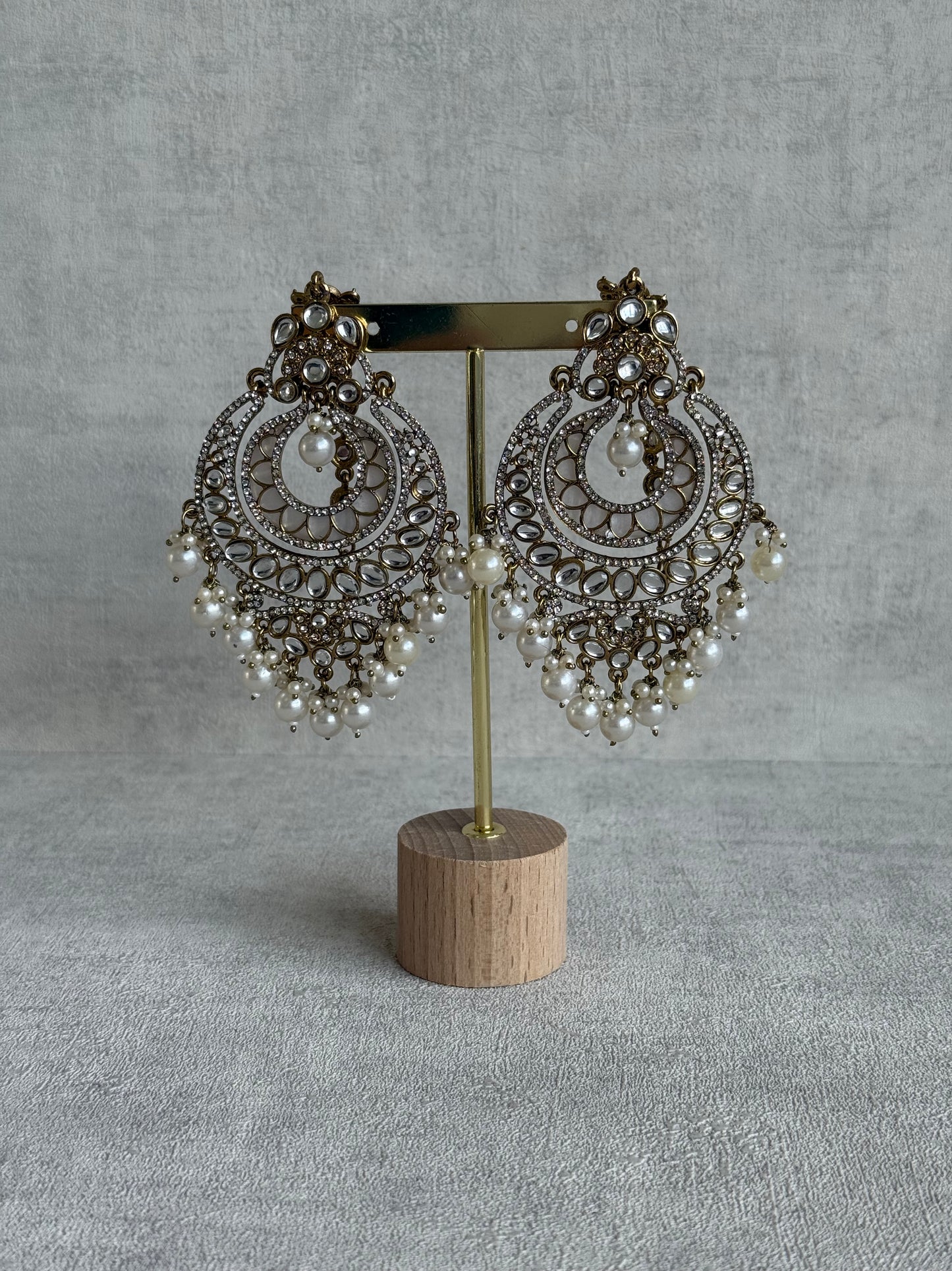 Ayura Designs Rabia Chandbalis – Antique Gold Kundan Earrings with Ivory Pearls & Attached Sahare