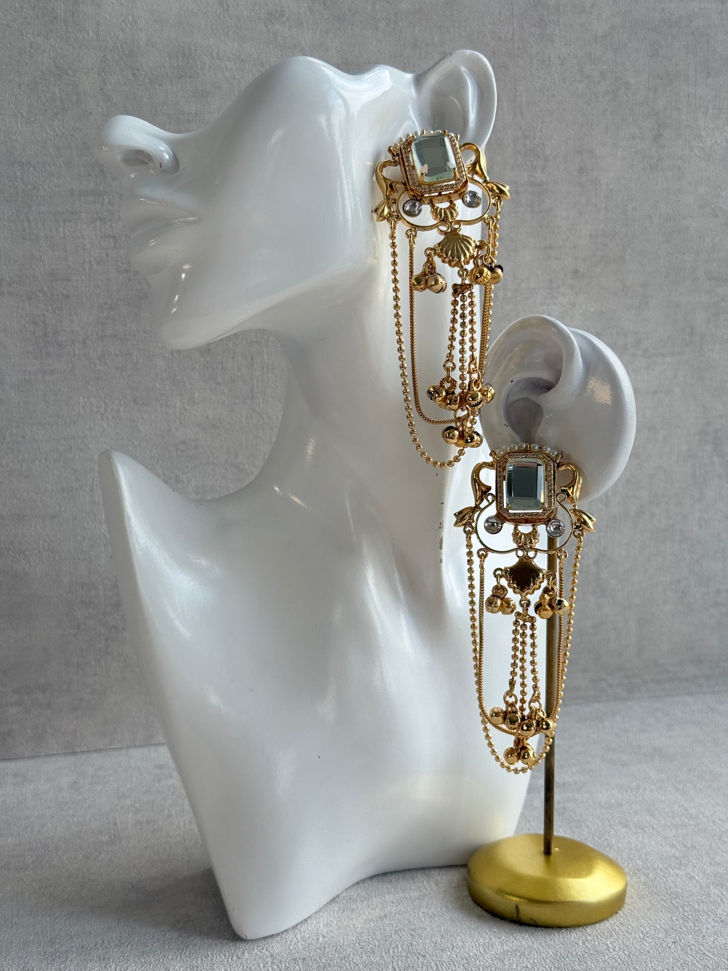 Ayura Designs Jaid Earrings – Crystal Floral Motif with Layered Chains & Ghungroos