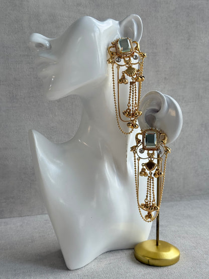Ayura Designs Jaid Earrings – Crystal Floral Motif with Layered Chains & Ghungroos