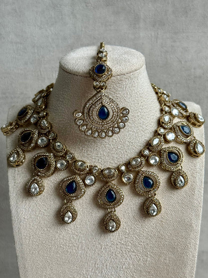 Ayura Designs Sahira Set – Necklace, Earrings & Tikka with Sapphire Blue Stones, Mirror-Cut Detailing & Antique Gold Finish