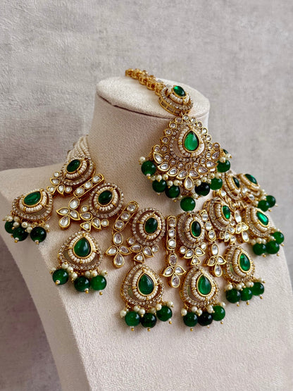 Ayura Designs Janvi Set with Necklace, Earrings & Tikka – Kundan Detailing, Emerald Green Beads & Pearls Drops