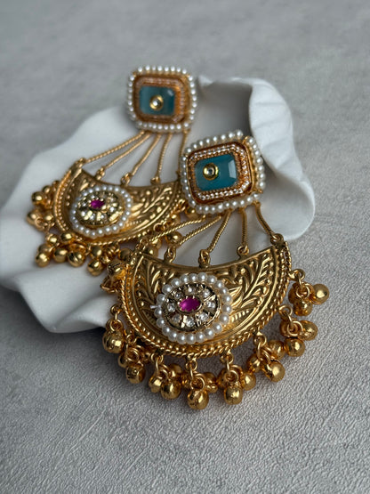 Ayura Designs Jheel Earrings – Turquoise Half-Moon Drops with Pearl Edging & Golden Ghungroos