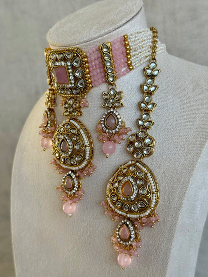 Ayura Designs Zarmeen Choker Set with Earrings & Tikka – Mirror-Cut Stones, Antique Gold Finish and Blush Pink Beads
