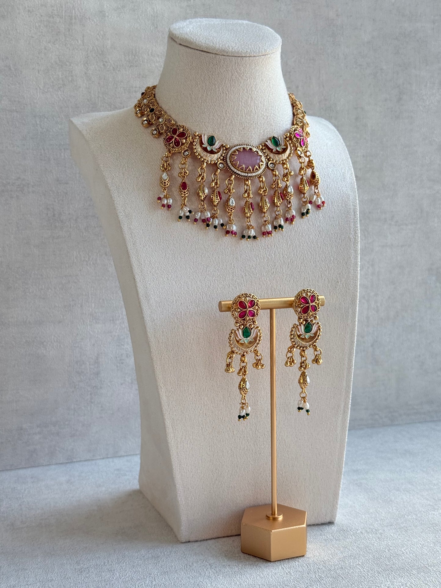 Ayura Designs Aavya Necklace Set – Blush Pink & Emerald Green Kundan Meenakari Design