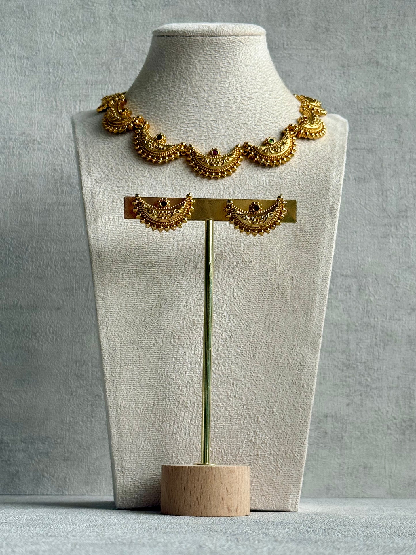 Ayura Designs Dhun Set – Necklace & Earrings with Antique Gold Crescent Motifs, Rani Pink & Emerald Detailing