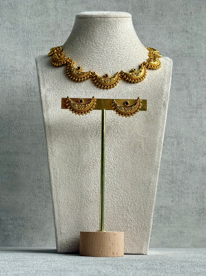 Ayura Designs Dhun Set – Necklace & Earrings with Antique Gold Crescent Motifs, Rani Pink & Emerald Detailing