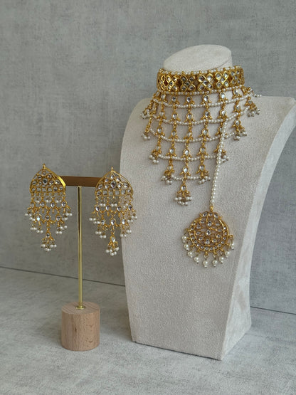 Ayura Designs Basant Set with Choker, Earrings & Tikka – Mirror-Cut Stones, Pearl Fringe & Antique Gold Finish