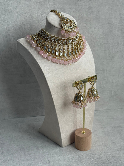 Ayura Designs Shaheen Set with Jhumkis & Tikka – Blush Pink Beads, Mirror Kundan & Gold Finish