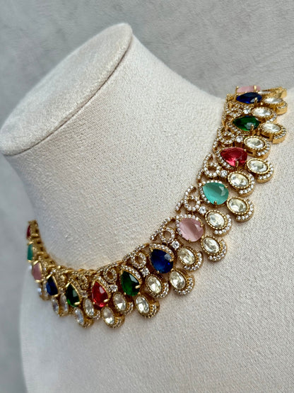 Ayura Designs Sylvie Necklace Set with Earrings – Gold Finish with Moissanite Crystals & Multicolour Stones