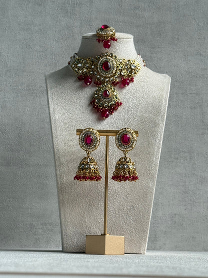Ayura Designs Muskaan Set – Choker, Jhumkis & Tikka with Fuchsia Beads, Kundan Stones & Antique Gold Finish