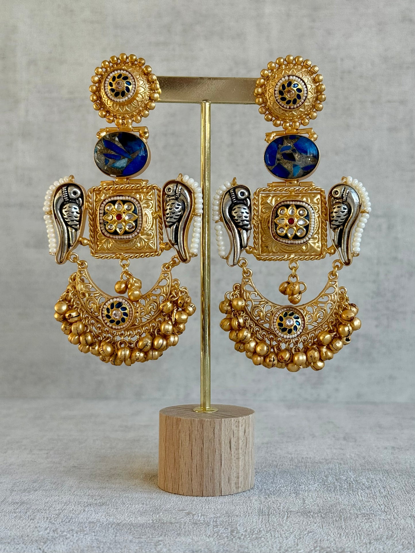 Ayura Designs Soha Earrings – Antique Gold with Midnight Blue Stone & Oxidised Parrots