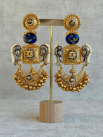 Ayura Designs Soha Earrings – Antique Gold with Midnight Blue Stone & Oxidised Parrots