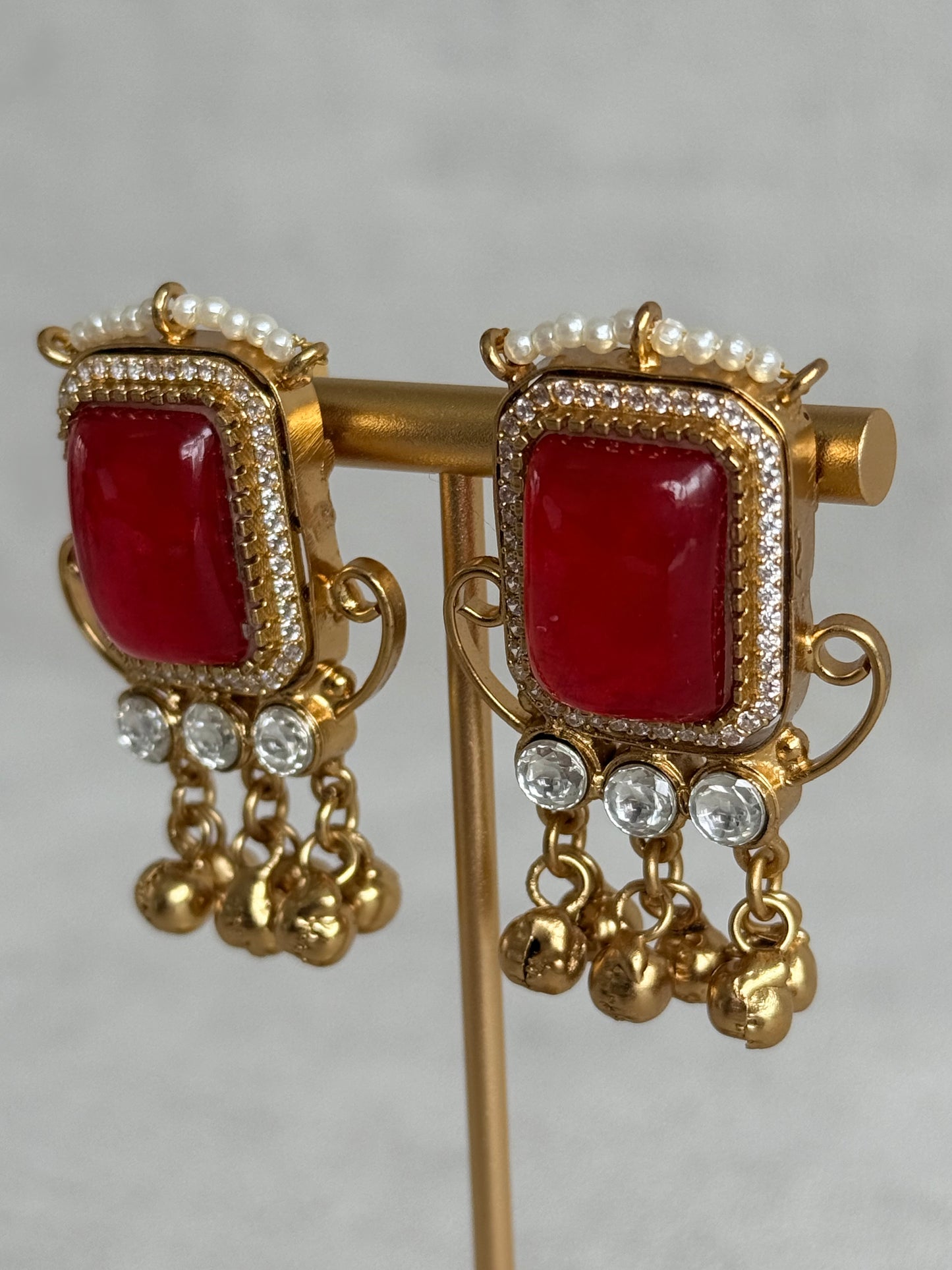 Ayura Designs Aleena Earrings – Ruby Red Stone Stud Earrings with Pearls & Ghungroo Detailing