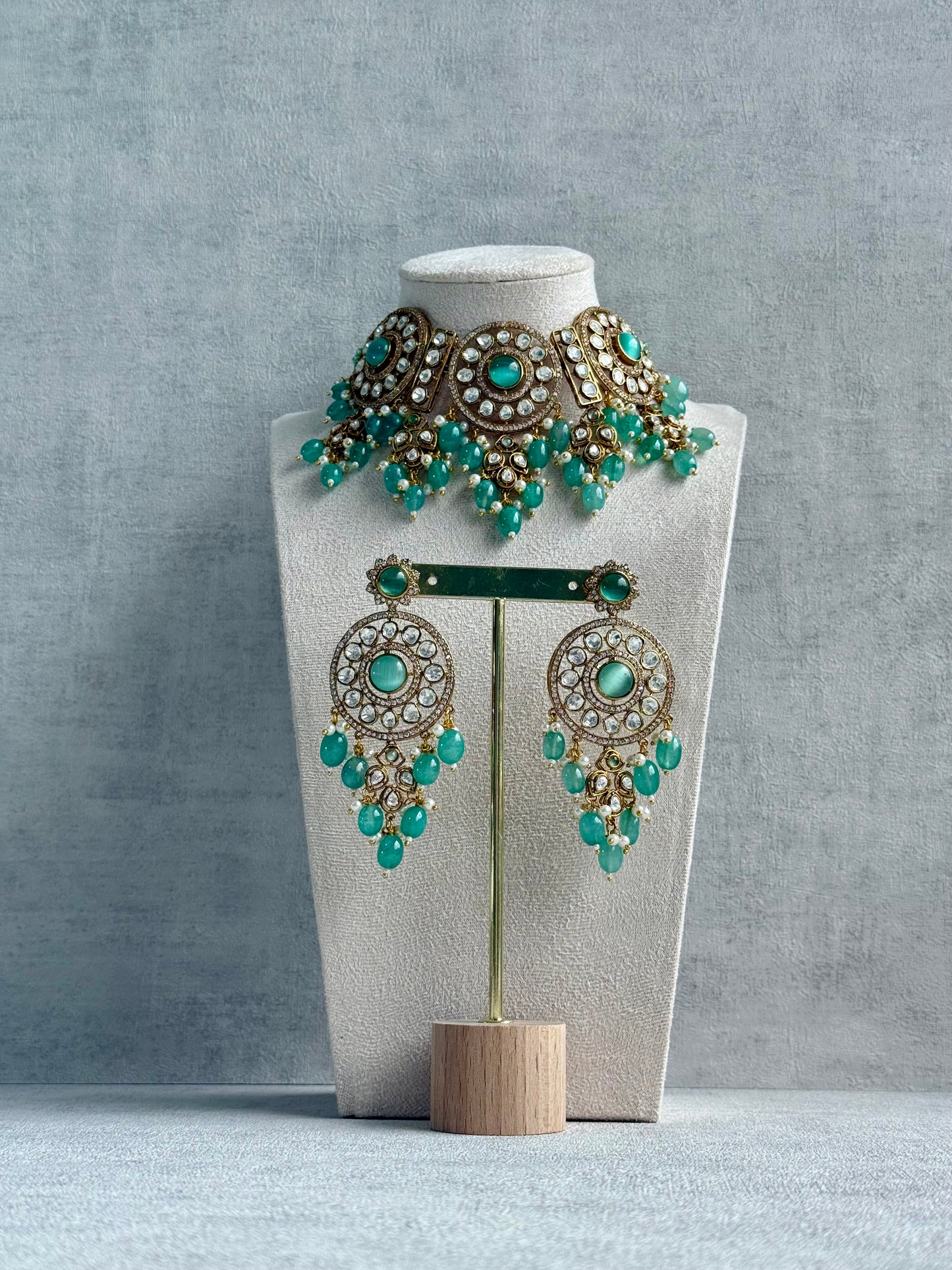 Ayura Designs Harper Set – Antique Gold Choker & Earrings with Mint Green Beads, Kundan Stones & Pearl Detailing