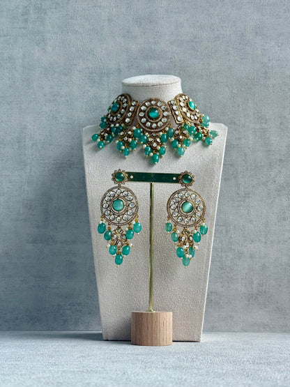 Ayura Designs Harper Set – Antique Gold Choker & Earrings with Mint Green Beads, Kundan Stones & Pearl Detailing