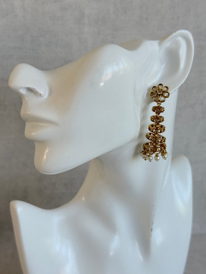 Ayura Designs Adira Jhumkis – Gold Floral Jhumkis with Layered Crystal Rings & Pearl Drops