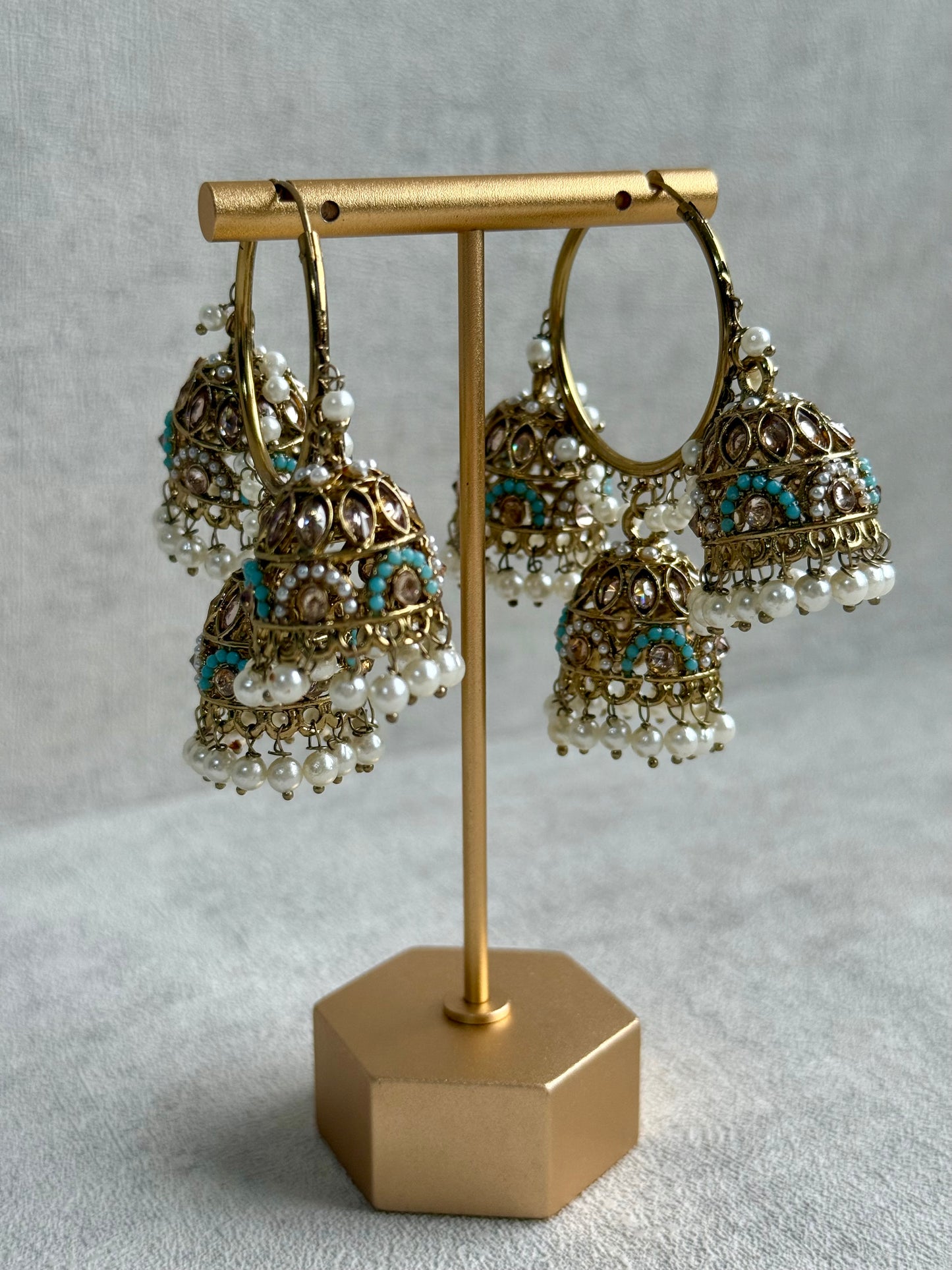 Ayura Designs Nakhra Balis – Aqua Blue Triple Dome Earrings with Mirror-Cut Stones & Pearl Detailing