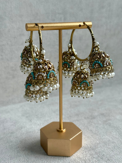Ayura Designs Nakhra Balis – Aqua Blue Triple Dome Earrings with Mirror-Cut Stones & Pearl Detailing
