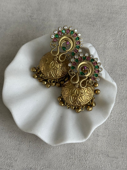 Ayura Designs Moraya Jhumkis – Pink & Green Peacock Motif with Antique Gold Detailing