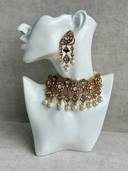 Ayura Designs Serina Choker Set with Earrings – Mint & Pistachio Enamel, Mirror-Cut Stones & Pearl Drops