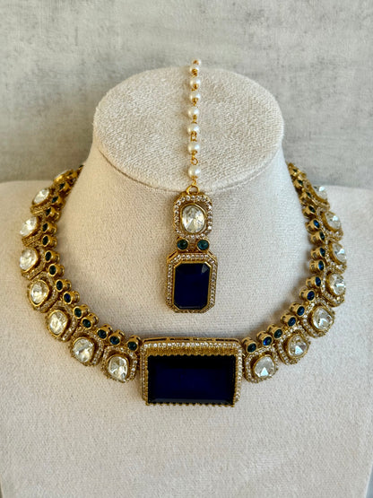 Ayura Designs Clara Set with Earrings & Tikka  – Royal Blue Stones with Moissanite and Antique Gold Finish