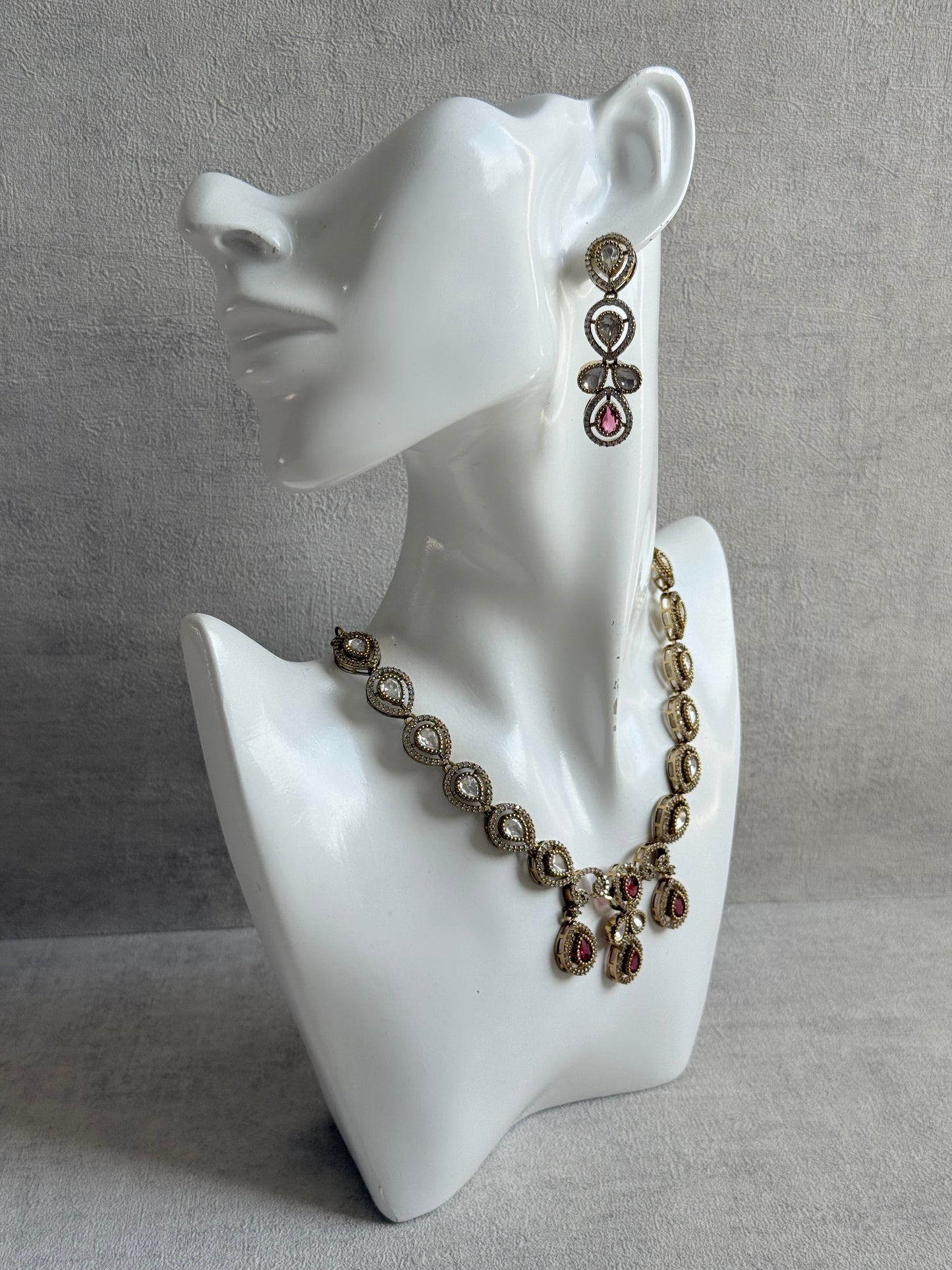 Ayura Designs Bianca Necklace Set with Earrings – Kundan, Ruby Pink Stones, Crystals & Gold Finish