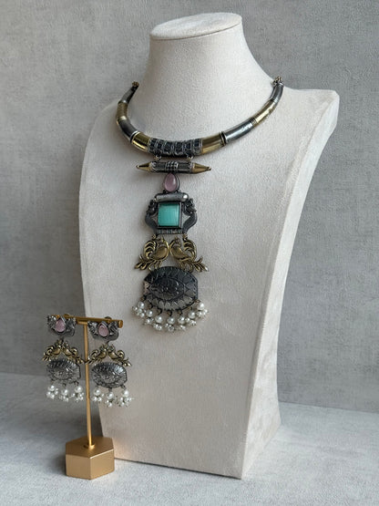 Ayura Designs Tansen Necklace Set with Earrings – Dual Tone Oxidised Necklace with Bird Motifs, Aqua Centre Stone & Pearl Detailing