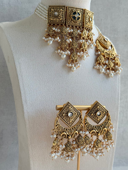 Ayura Designs Samera Choker Set with Earrings & Tikka – Ivory Beads, Pearl Detailing, Green Centre Stone, Floral Motifs & Antique Gold Finish