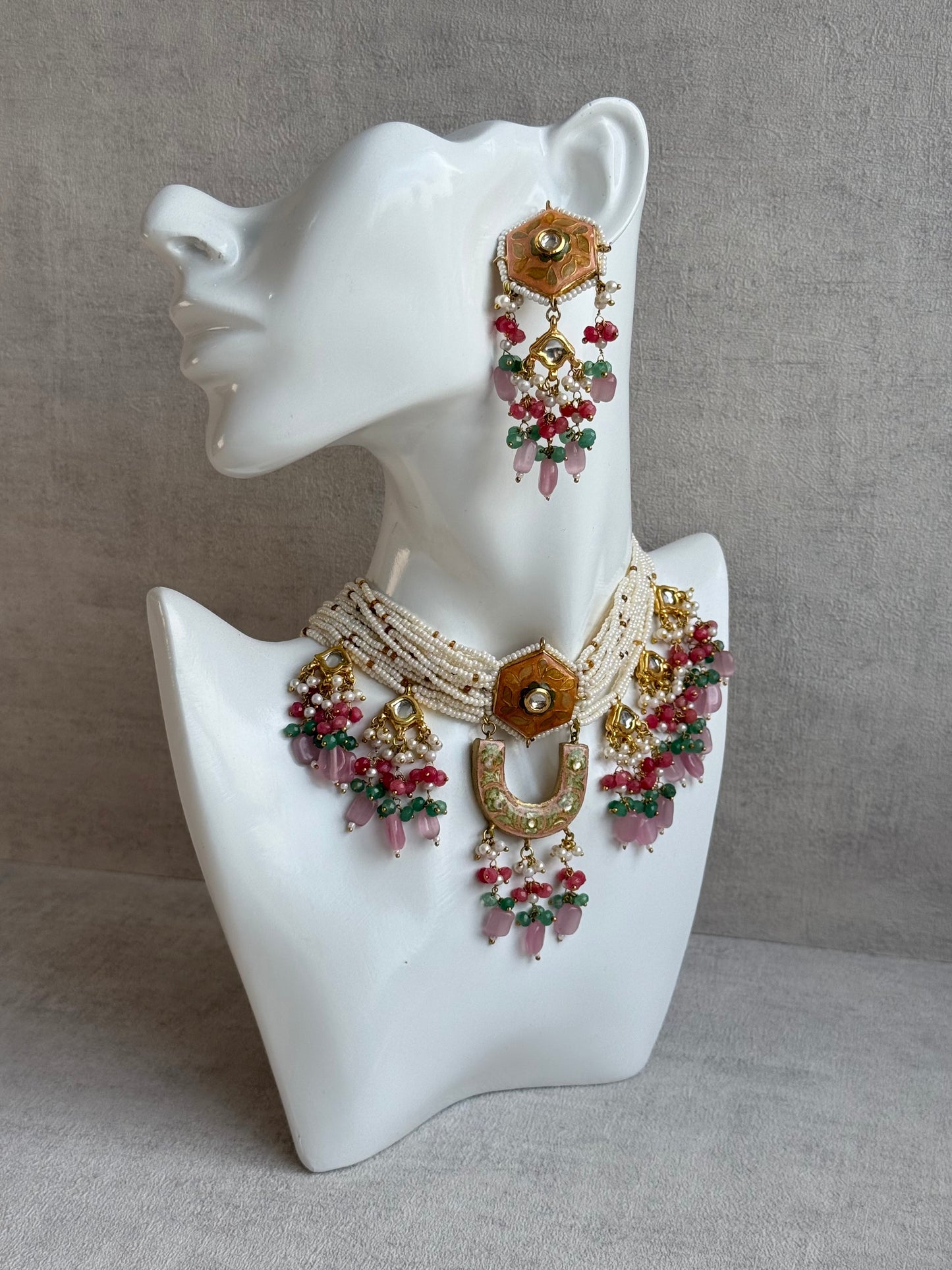 Ayura Designs Elizaar Meenakari Kundan Choker Set with Earrings – Blush Pink & Emerald Green Bead Detailing